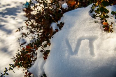 Pictured is the Virginia Tech logo drawn in snow.
