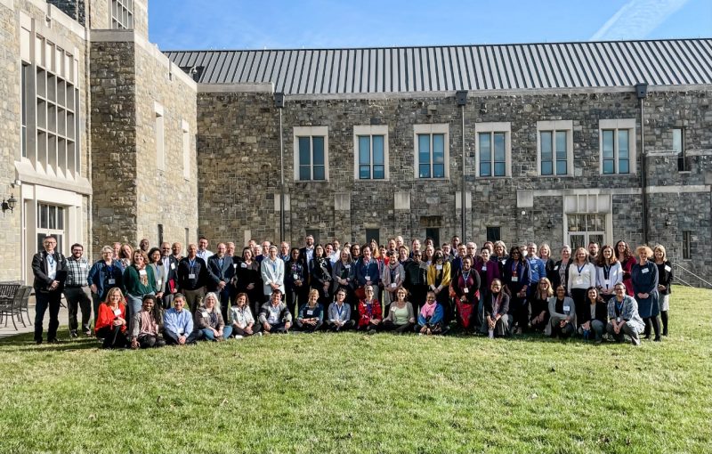 Attendees at the ACC's Academic Leaders Network conference gather outside the Inn at Virginia Tech