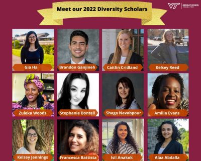 images of the 12 Diversity Scholars on a maroon background with the legend, Meet our 2022 Diversity Scholars