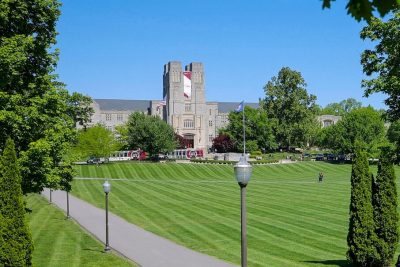 Burruss Hall on a sunny spring afternoon.