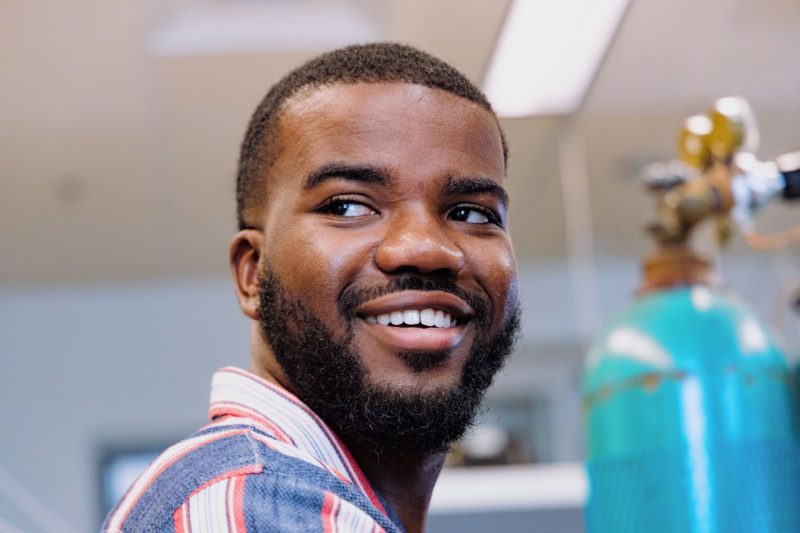 Cole Simon, a student at Hampton University, a Historically Black College and University, works in a lab at Virginia Tech as part of the MAOP Summer Research Internship program. 