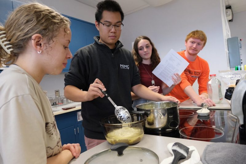 Students learn how to make fresh mozzarella in the new course, "From Raw to Burnt: Exploring Science and Society through Foods," offered by Virginia Tech's Department of Food Science and Technology. Photo by Alex Hood for Virginia Tech.