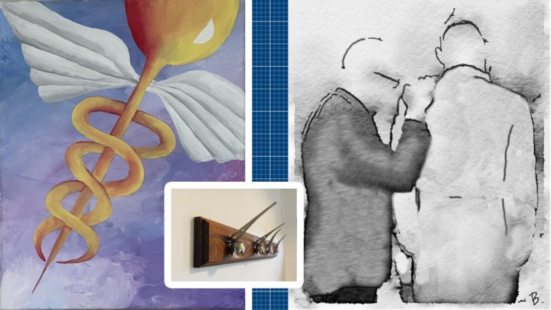 three image collage: left - a gold symbol of medicine with wings on a purple background; right - a black and white water color drawing of one person with a hand on the shoulder of another person; inset: a coat rack made of orthopedic parts