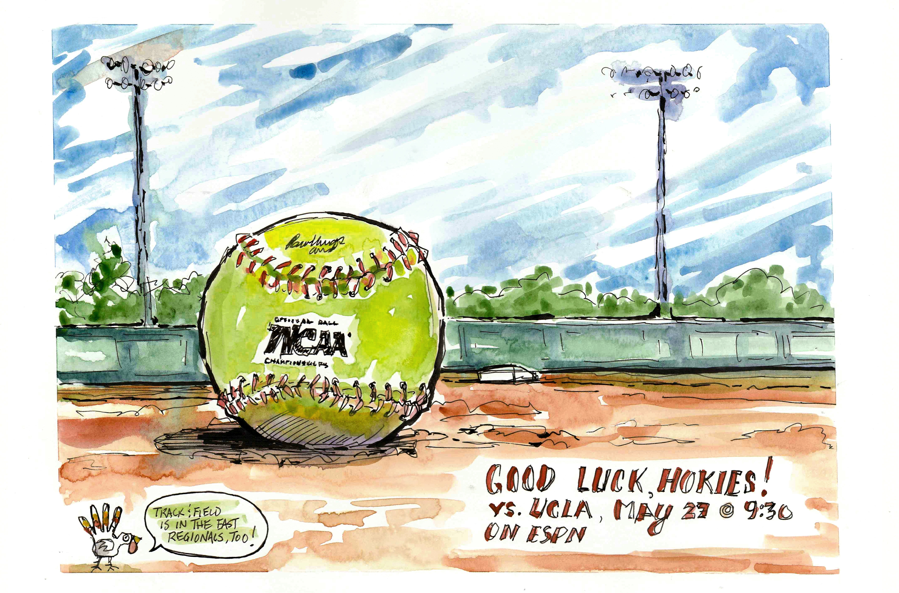 Watercolor and ink sketch of a softball