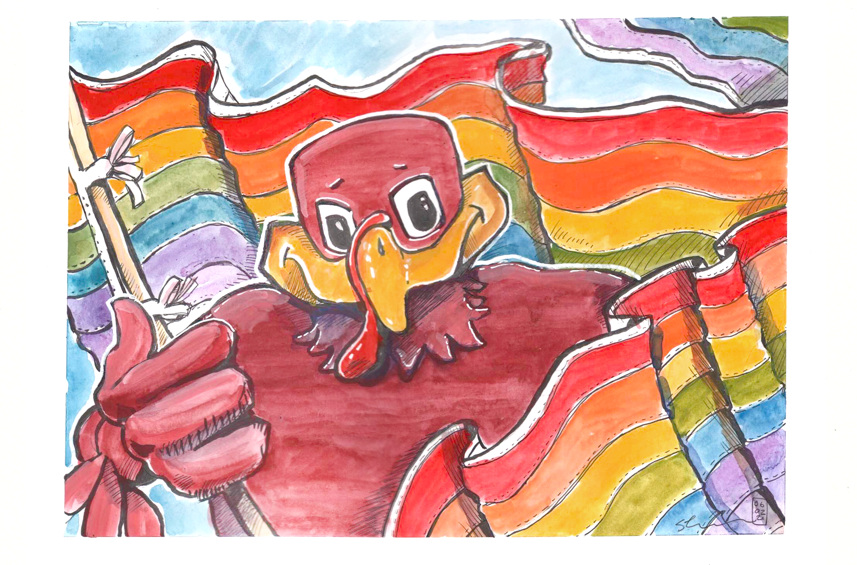 Illustration in ink and watercolor of the HokieBird surrounded by the Pride Flag