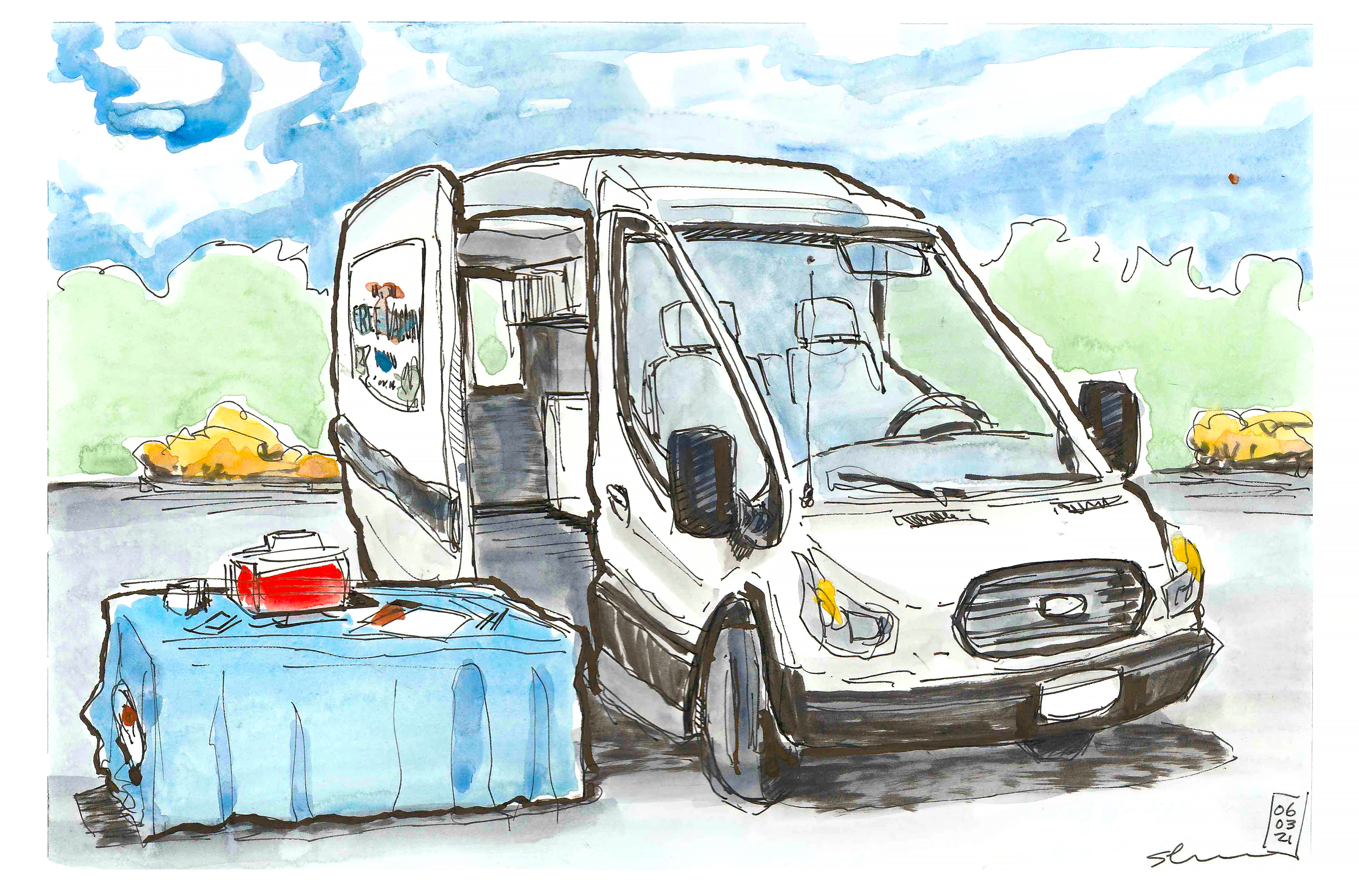 Illustration in ink and watercolor of a white van with the side door open and a table with vaccination materials on it. 