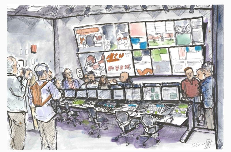Illustration in ink and watercolor of a group of people visiting a room full of monitors and editing equipment