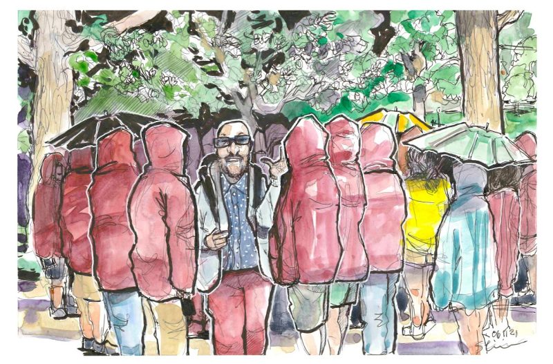 Sketch in waterolor and ink that shows a group of orientation leaders participating in a walk-through