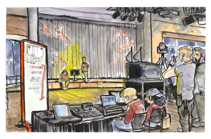 Sketch in ink and watercolor of hybrid orientation zoom meeting for first-year and transfer students
