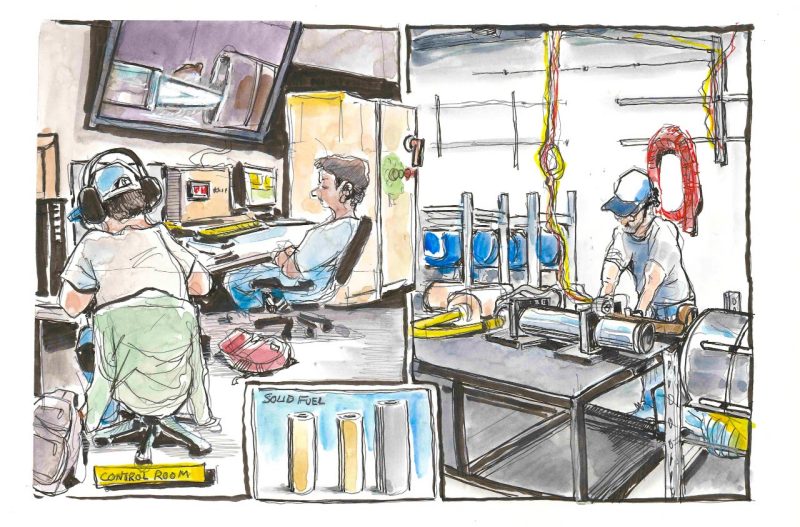 Sketch in ink and watercolor of students testing solid fuel motor design for a ramjet