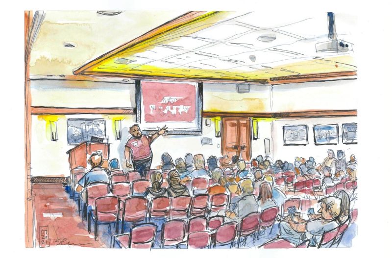 Ink and watercolor illustration of information session at Visitor's Center