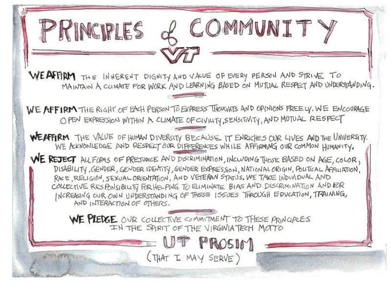 Principles of Community  * We affirm the inherent dignity and value of every person and strive to maintain a climate for work and learning based on mutual respect and understanding. * We affirm the right of each person to express thoughts and opinions freely. We encourage open expression within a climate of civility, sensitivity, and mutual respect. * We affirm the value of human diversity because it enriches our lives and the University. We acknowledge and respect our differences while affirming our common humanity. * We reject all forms of prejudice and discrimination, including those based on age, color, disability, gender, gender identity, gender expression, national origin, political affiliation, race, religion, sexual orientation, and veteran status. We take individual and collective responsibility for helping to eliminate bias and discrimination and for increasing our own understanding of these issues through education, training, and interaction with others. * We pledge our collective commitment to these principles in the spirit of the Virginia Tech motto of Ut Prosim (That I May Serve).