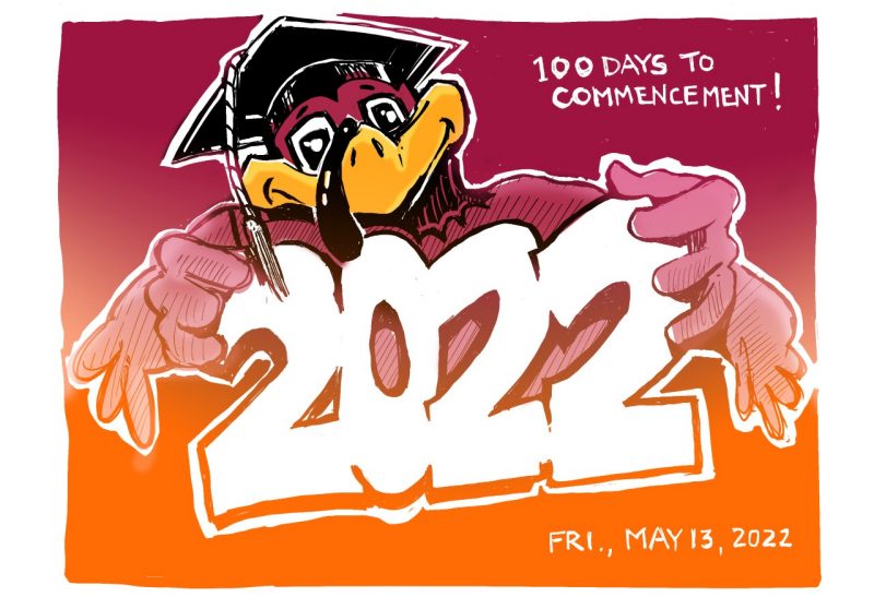 Digital sketch of HokieBird holding a 2022 -- 100 days to Spring Commencement