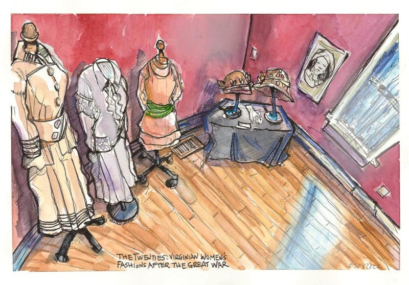 Ink and watercolor sketch of clothing collection exhibit from the 1920s at the Alexander Black House