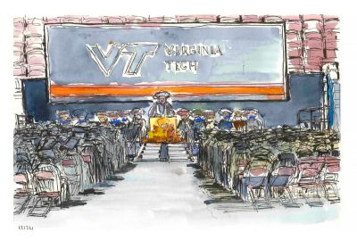 Ink and watercolor of Virginia Tech Fall Commencement Ceremony
