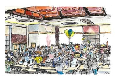 Ink and gouache sketch of student organization fair in Commonwealth Ballroom
