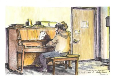 Ink and gouache sketch of student Sean Lee playing piano in the Wallace Hall atrium