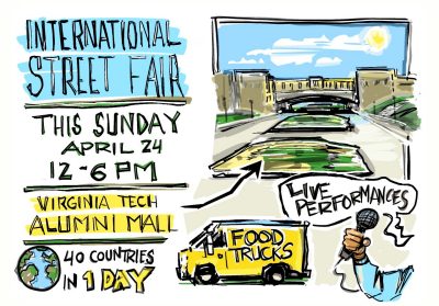 Digiital sketch of announcing the International street fair on alumni mall this sunday, april 24 from 12-6pm