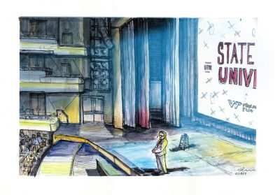 Ink and gouache sketch of President Tim Sands delivering the 2022 State of the University on stage of the Moss Arts Center's Anne and Ellen Fife Theatre