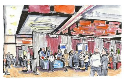 Ink and watercolor sketch of the CNRE Career Fair in Commonwealth Ballroom; the scene is of people standing at tables of employers and talking, sharing resumes. Two people stand in the foreground talking to each other. 