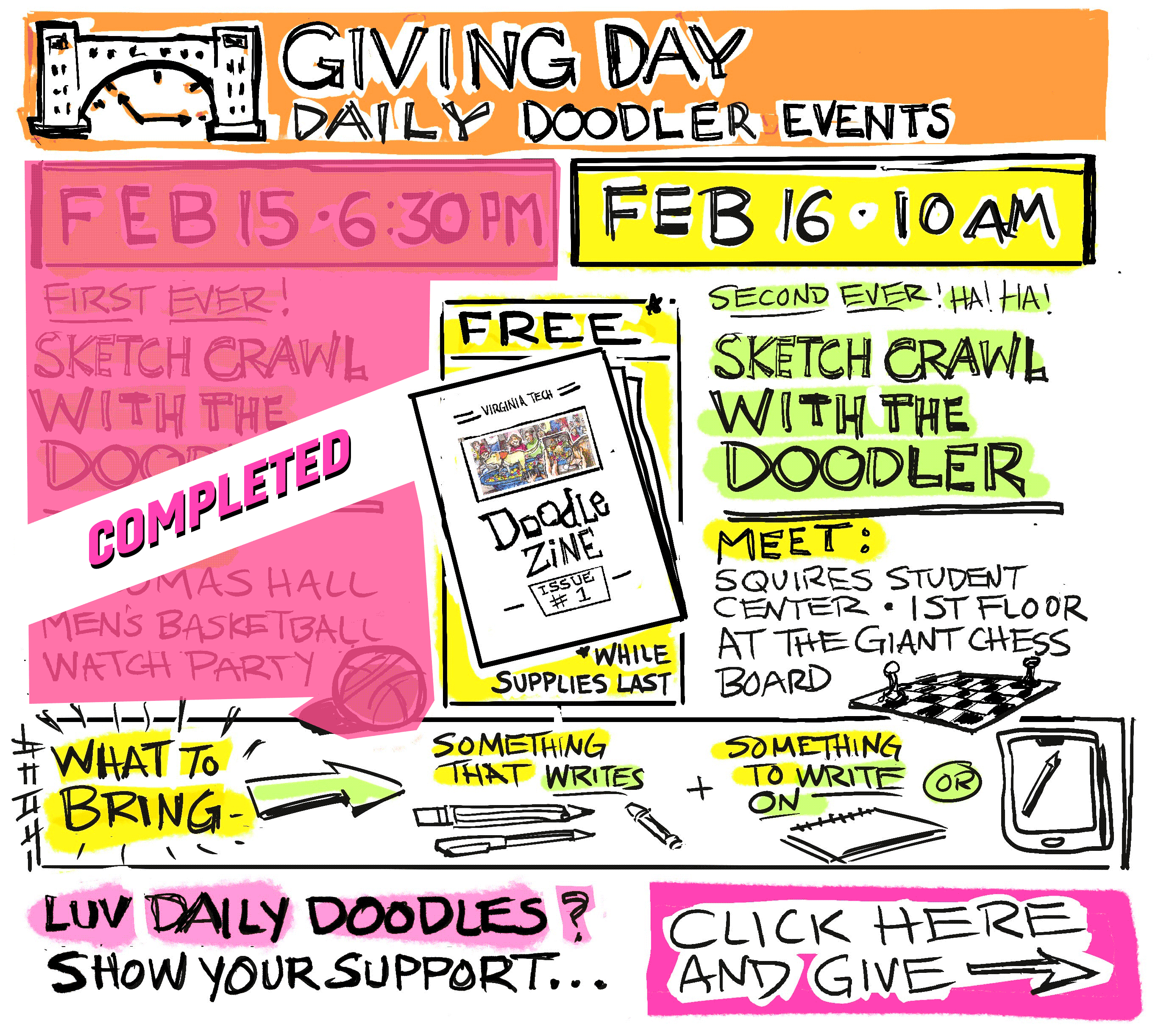 Digital sketch of events on the 15th and 16th for Giving Day 2023