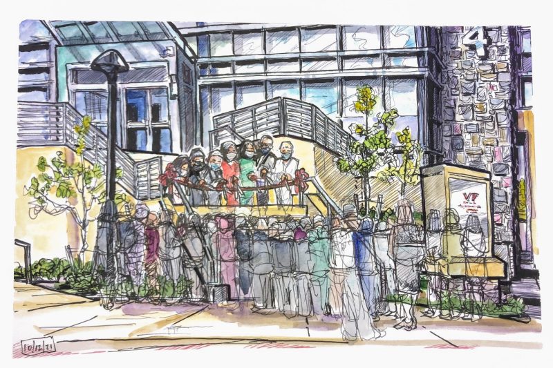 Ink and watercolor of a ribbon cutting ceremony at the Virginia Tech Carilion Campus. A crowd is gathered at the foot of a staircase as seven members of the Virginia Tech Carilion and local community cut a maroon ribbon with giant scissors. 