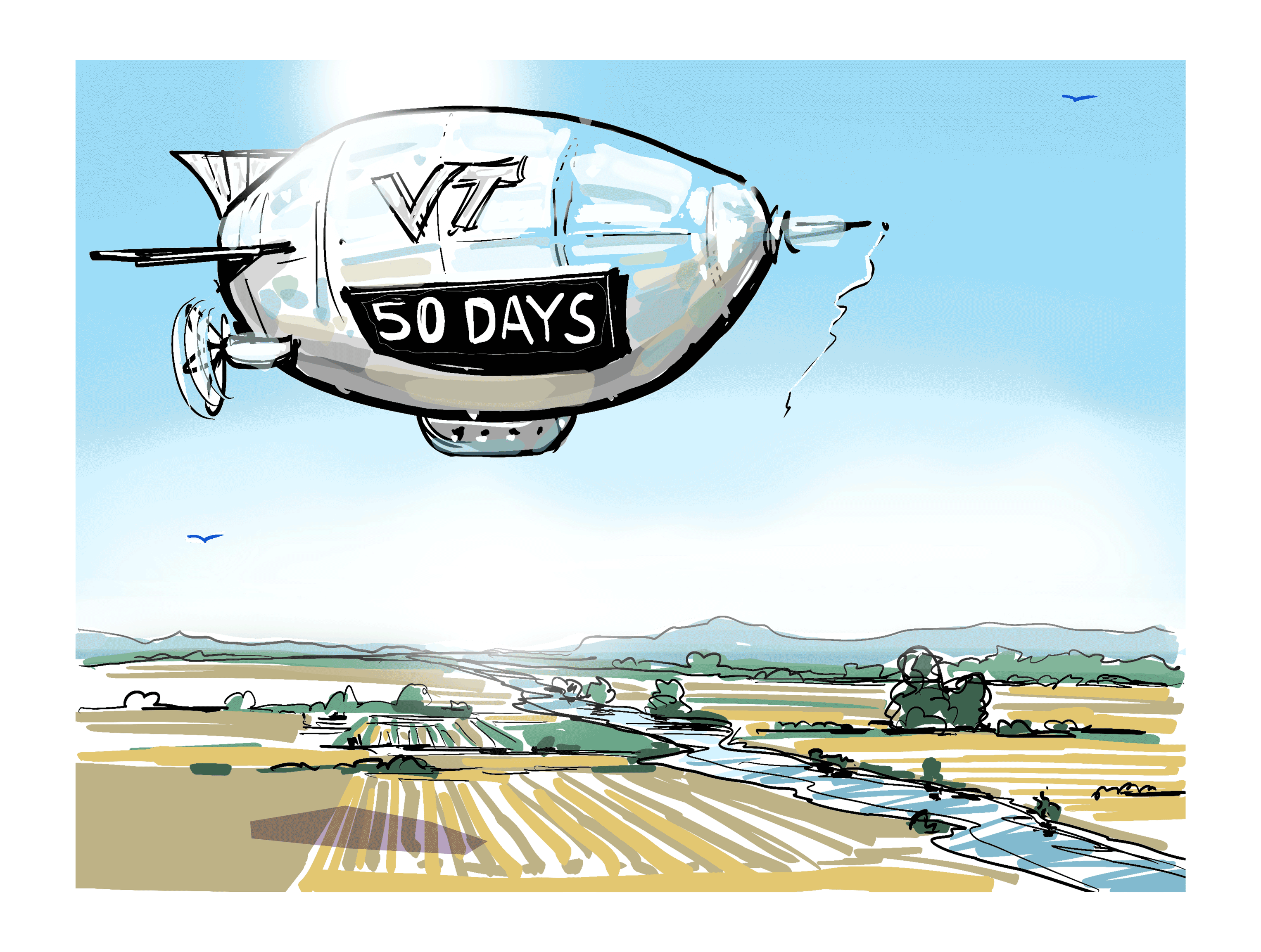 Digital animated blimp with "50 Days Until Commencement" Scrolling on its message board