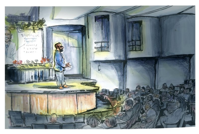 Ink and watercolor sketch of Haymarket Theatre; BMEN founder, Tommy Amal, as he presents his sessioin entitled 'Using Transformational Leadership to Navigate Systems'
