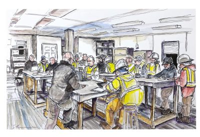 Ink and watercolor sketch of morning contractors construction project huddle at the Innovation Construction site