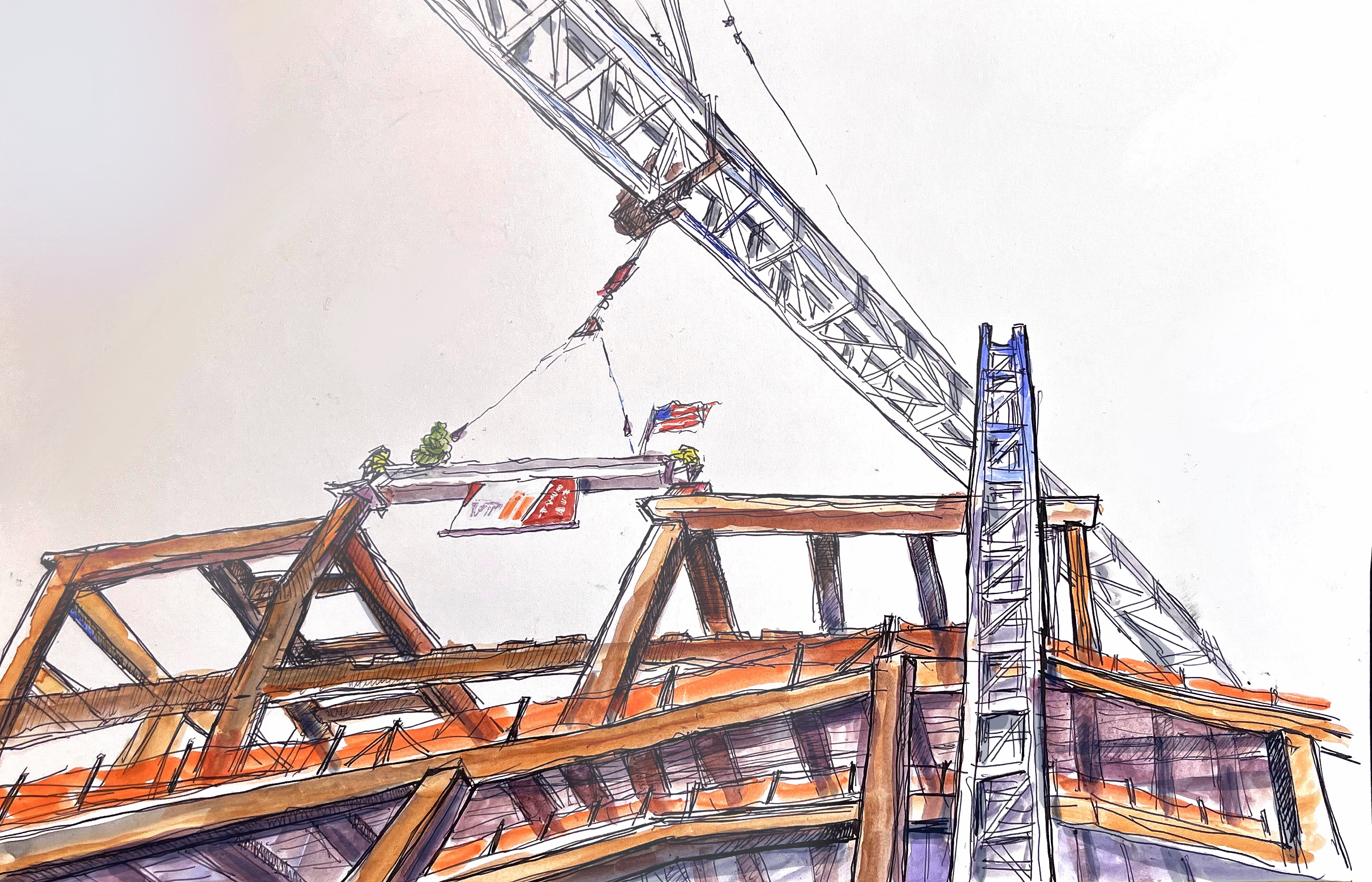 Ink and watercolor of the Topping Out ceremony at the Virginia Tech Innovation Campus