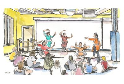 Ink and watercolor sketch of a dance workshop with Āhuti dancers inside the Performing Arts Dance Studio