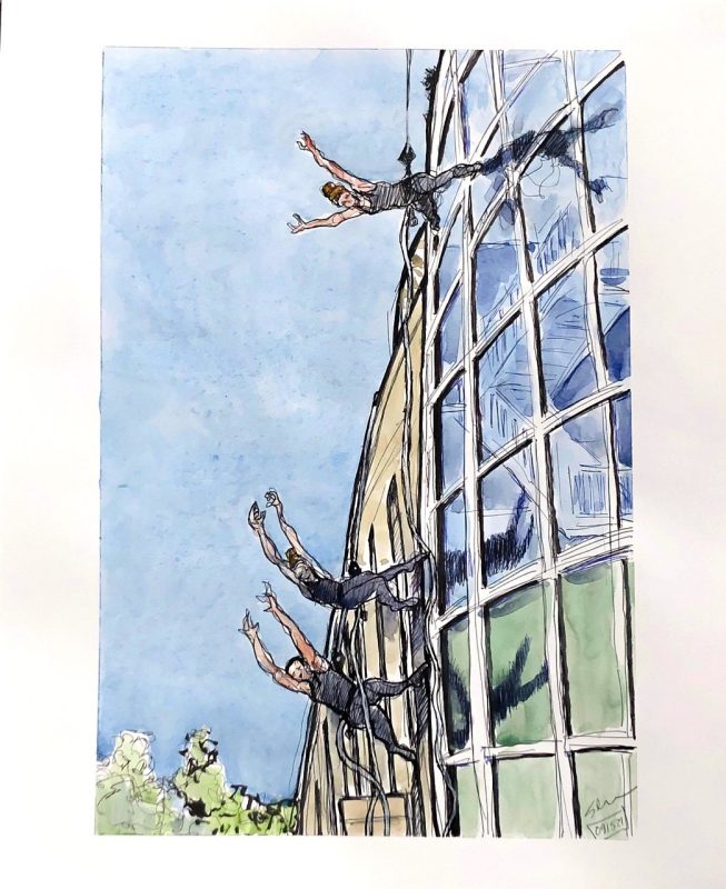 Ink and watercolor sketch of three dancers suspended on the side of the Moss Arts Center by cable rehearsing for shows. 