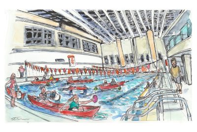 Ink and watercolor sketch of student in canoes competing in Battleship in McComas Hall pool