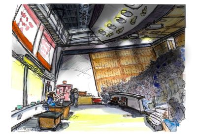 Ink and watercolor sketch of Hahn North Auditorium full of BCI students; physics demo is taking place