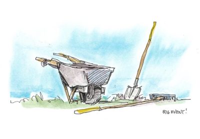 Ink and watercolor sketch of wheelbarrow and shovel and rake