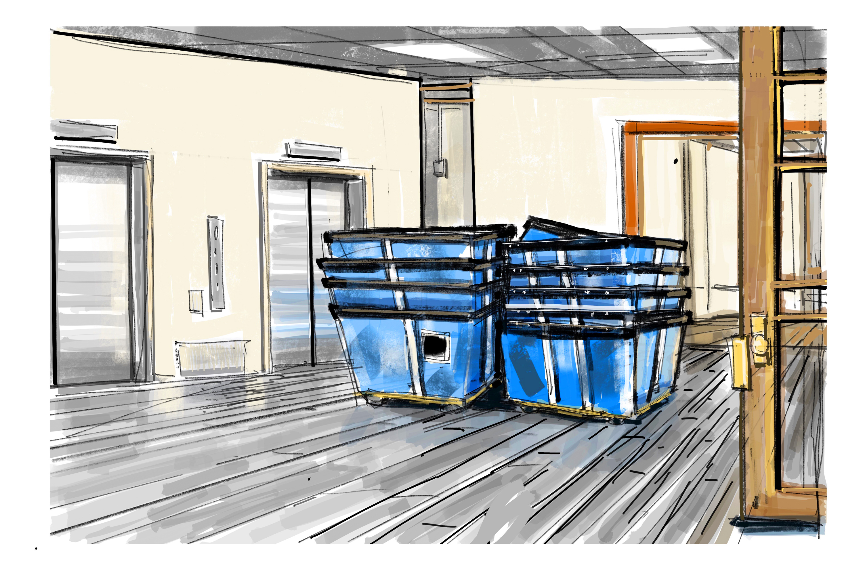 Sketch of two stacks of blue bins sitting outside the GLC elevators