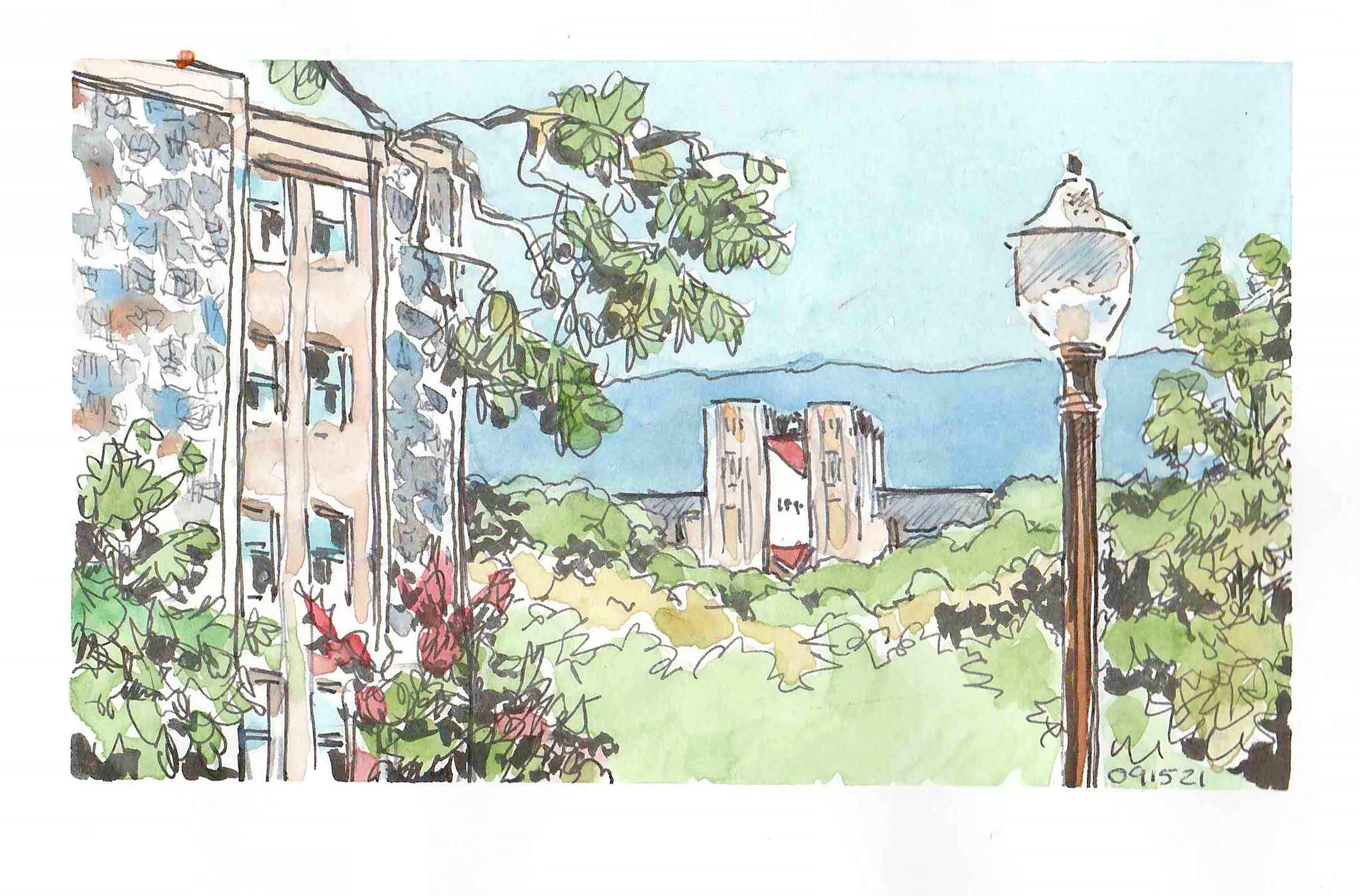 Ink and watercolor sketch of Burruss Hall from across campus; a light post is in the foreground and the corner of O’Shaughnessy Hall is at the left of the illustration