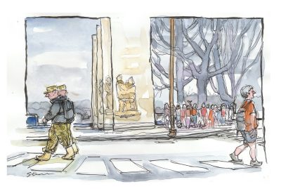 Ink and watercolor sketch of a campus tour stopped at the Pylons. In the foreground, cadets and a student cross in a campus crosswalk