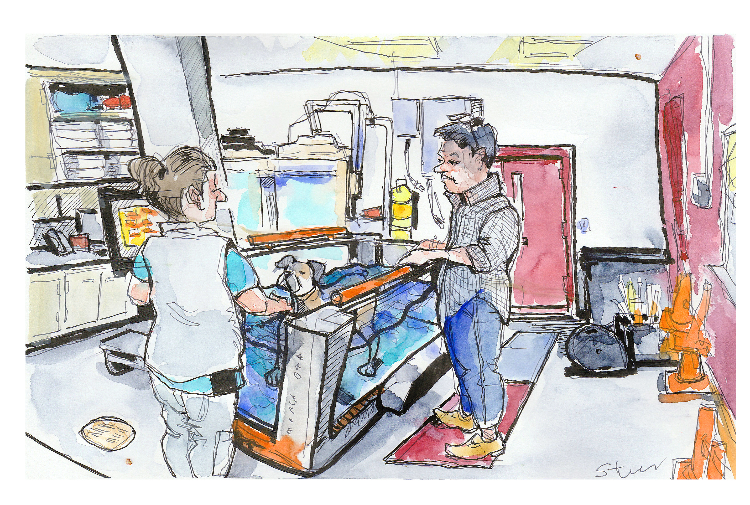 Ink and watercolor sketch of canine rehabilitation on underwater treadmill
