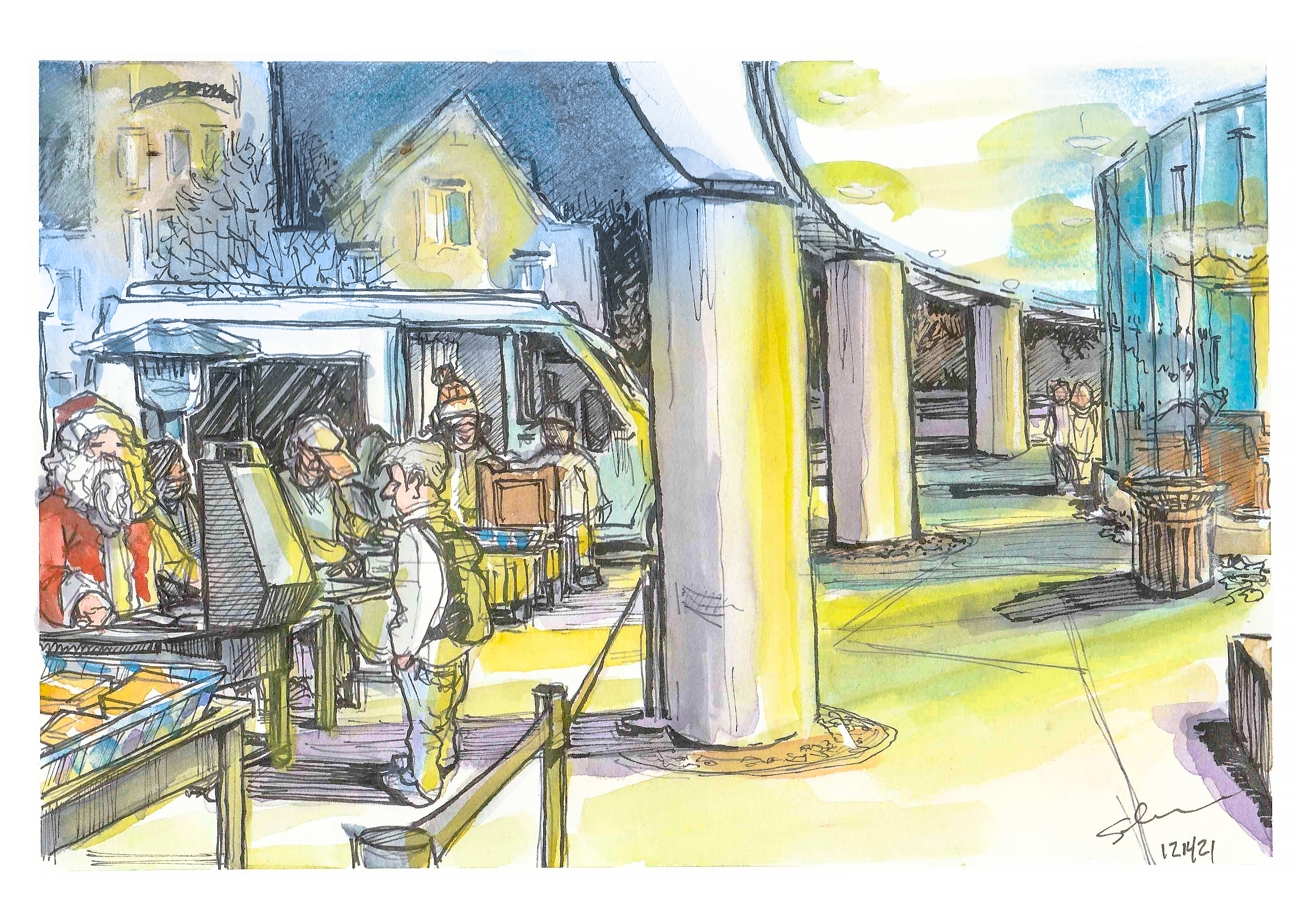 Ink and watercolor sketch of volunteers serving students grilled cheese sandwishes at night outside Newman Library