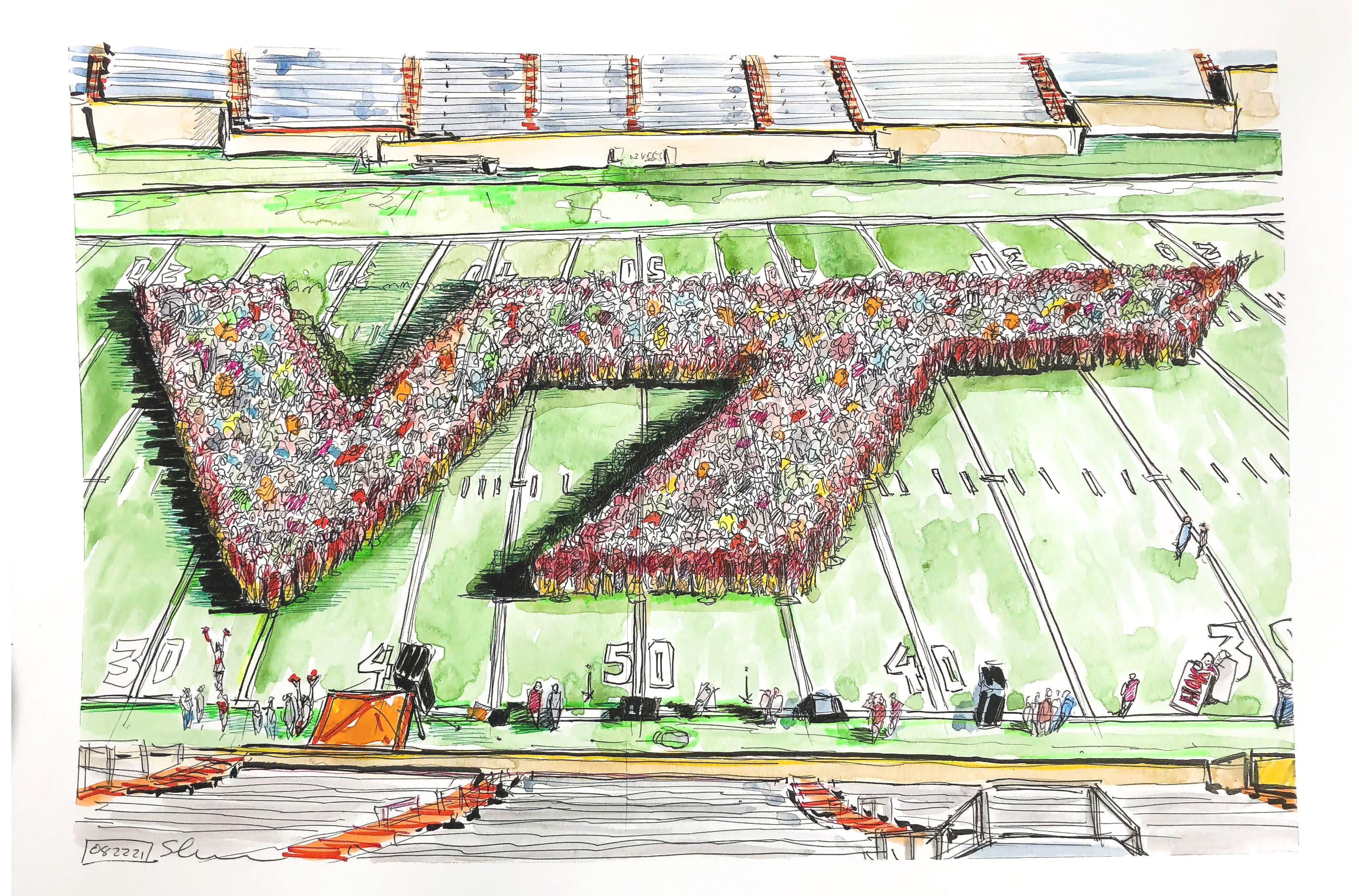 Sketch in ink and watercolor of student forming a "VT" on Worsham Field