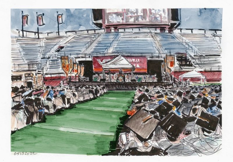 Ink and watercolor sketch of the 2022 University Commencement inside Lane Stadium