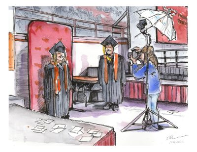 Sketch of a photographer taking graduation portraits at 2022 Fall Commencement