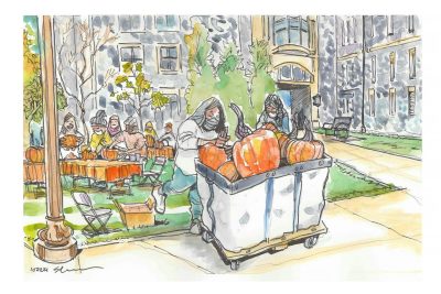 Ink and watercolor sketch of students carving pumpkins at the Cranwell International Center