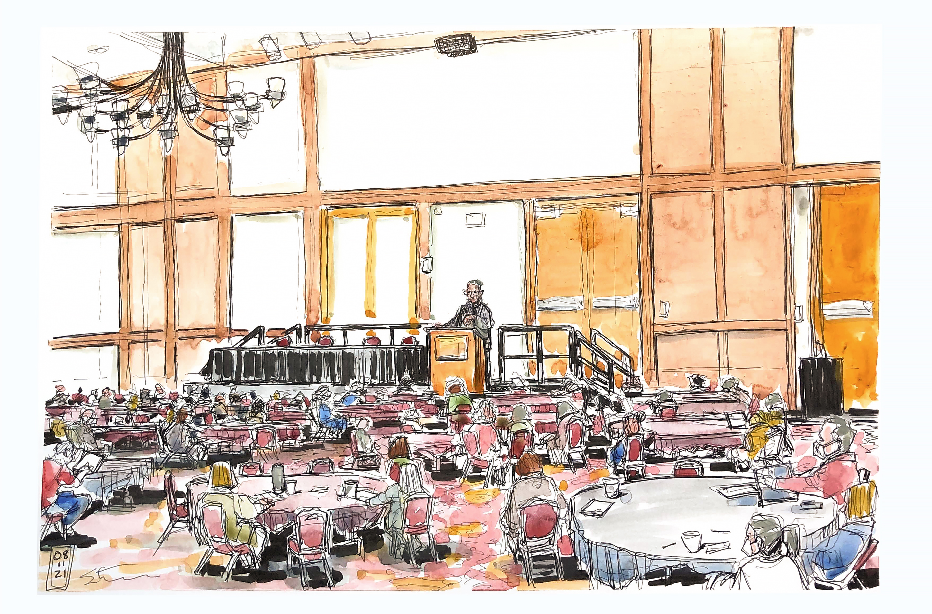 Sketch of Claude Mason Steele speaking to the 2021 Diversity Summit in Latham Ballroom at the Virginia Tech Inn