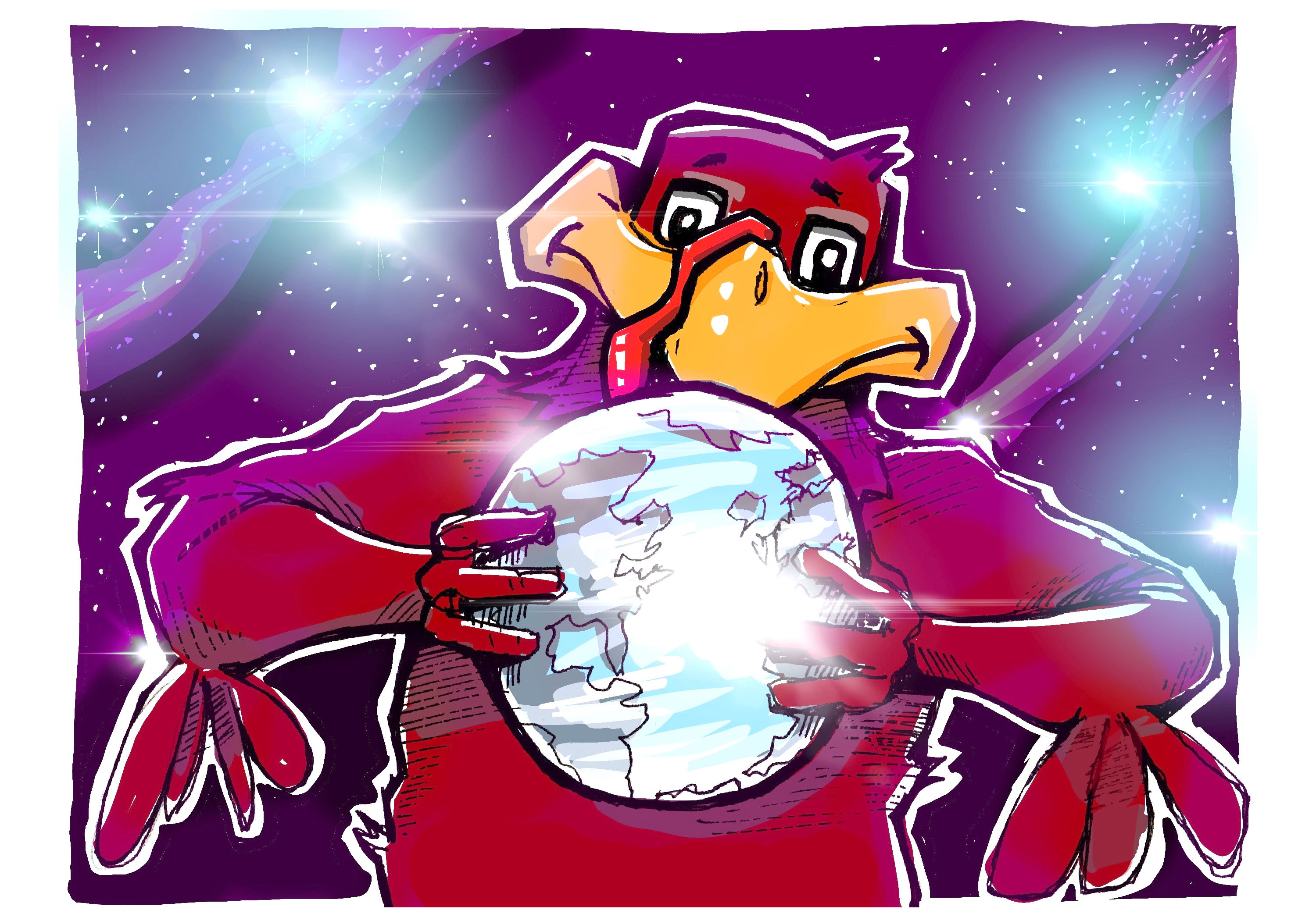 Digital sketch of Hokie Bird hold the Earth