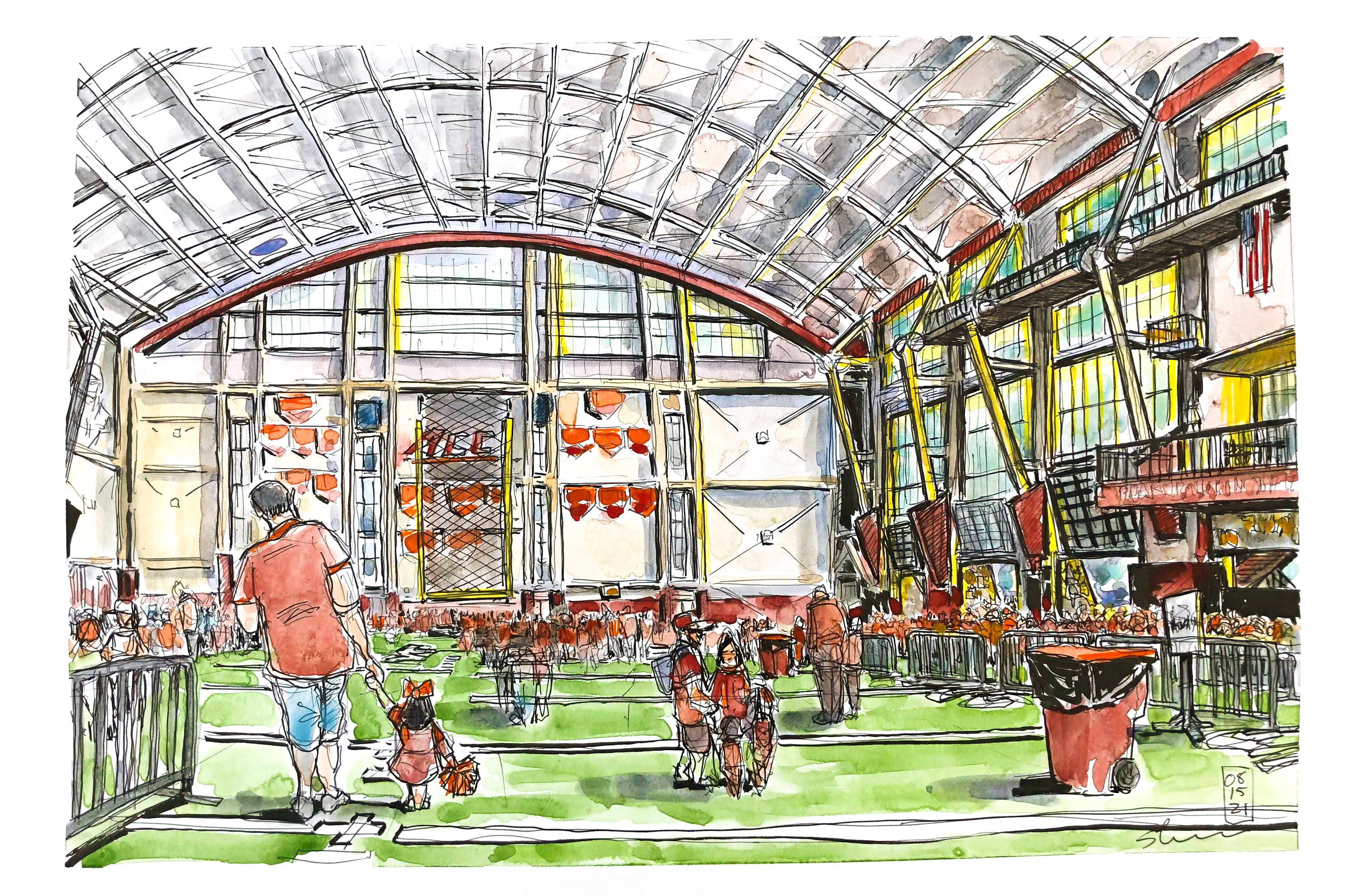 Sketch of Hokie fans from the far end of the Beamer-Lawson Indoor Practice Facility
