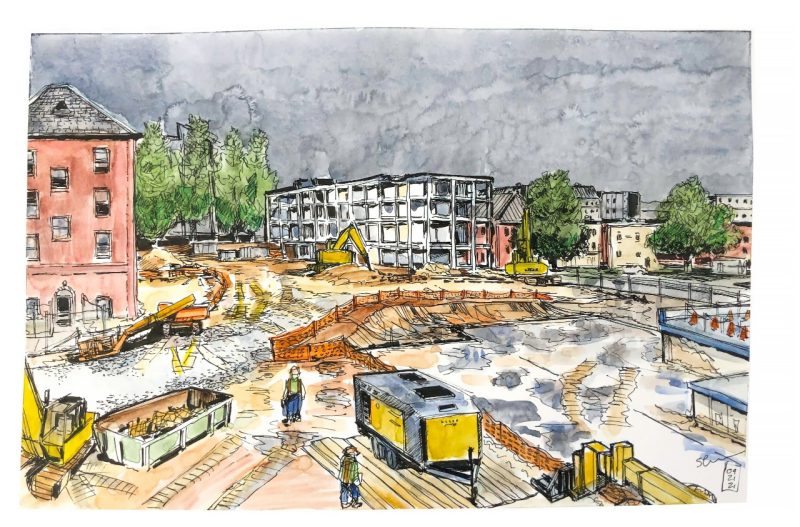 Ink and watercolor of site demolition at Femoyer Hall and new Military Science building; rain puddles are on the ground the sky is grey and cloudy