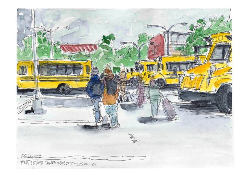 Ink and watercolor sketch of buses lined up in the Cassell parking lot dropping off students