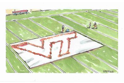 Ink and watercolor sketch of employees preparing Worsham Field with the Virginia Tech logo at the center of the field using a giant stencil. 